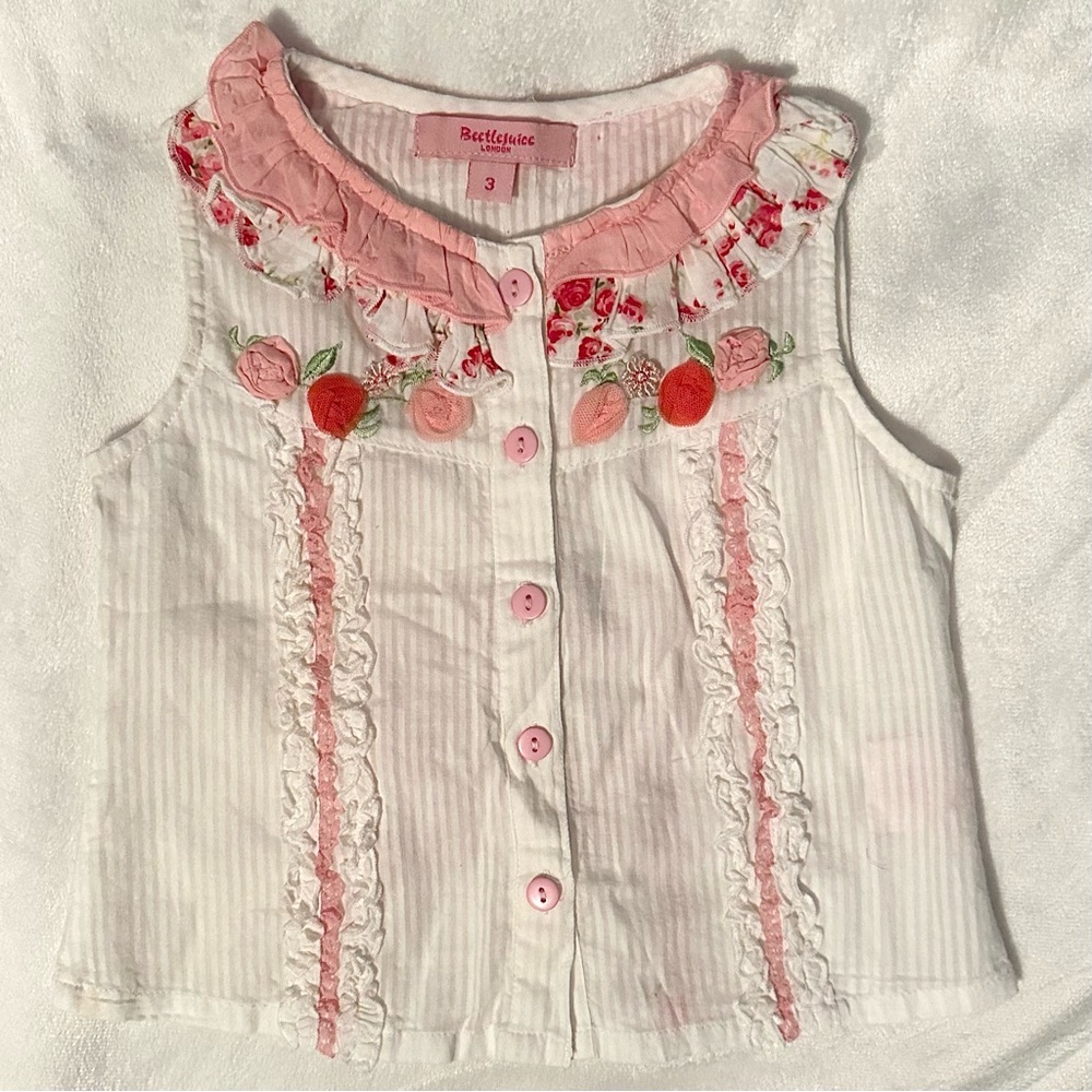 Beetlejuice London Pink White Frilly Ruffle Girls Top Blouse 3 Toddler Button Up